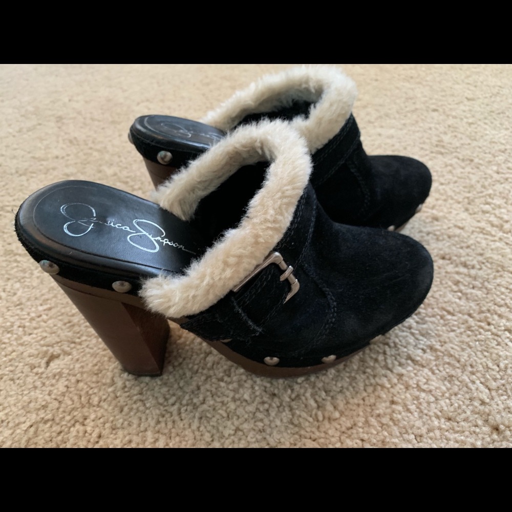 Black suede heeled clogs